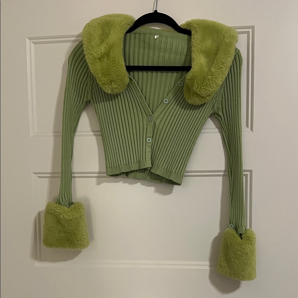 Green Ribbed Cardigan with Faux Fur Trim